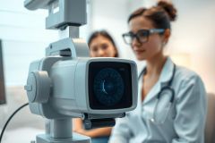 Eye exam in a modern clinic. A female doctor in a white coat and glasses uses an ophthalmic equipment to check a young girl's vision. The image features neutral colors, a bright, clean environment, and focuses on eye care and pediatric health.