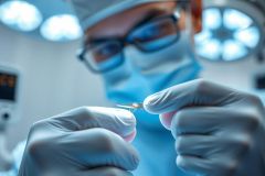 Close-up of a surgeon in blue surgical scrubs and mask. The sterile operating room environment is illuminated by bright overhead lights. A focus on precision and healthcare.
