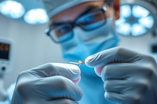 Close-up of a surgeon in blue surgical scrubs and mask. The sterile operating room environment is illuminated by bright overhead lights. A focus on precision and healthcare.