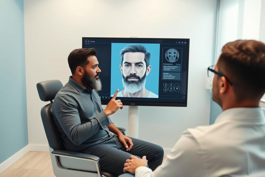 Beard analysis consultation. Two men in a modern clinic discuss facial hair growth on a screen displaying a detailed analysis. Blue and gray tones dominate the professional setting. Facial hair, beard care, and men's grooming are key themes.