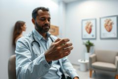 Doctor in a clinic examining hands, with a patient in background. The scene features medical artwork of hearts on the wall and a calming, neutral color palette of blues and grays. Represents healthcare, cardiology, and patient consultation.