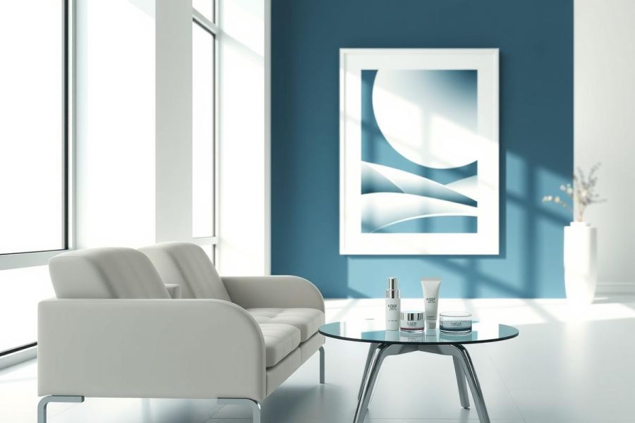 Modern living room interior with a grey sofa, glass table, and abstract art. Features a minimalist aesthetic and calming blue walls. Elegant and contemporary design.