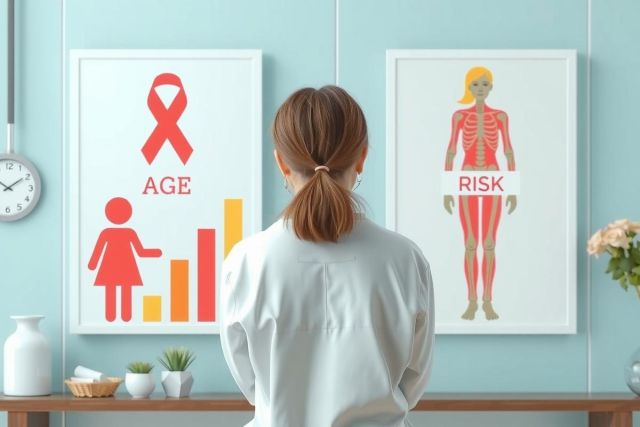 The image depicts a healthcare professional in front of an artwork series that represents the body's immune response to breast cancer. The professional is wearing a white lab coat, indicating their role as a medical practitioner. The artwork features red and orange hues that emphasize the theme of immunity. The background suggests a clinical or educational setting with posters and graphs on health topics.