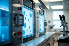Lab equipment and a microscope in a modern science laboratory. The image features stainless steel surfaces and bright lighting, indicative of a clean and sterile research environment.