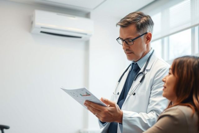 Doctor in a white coat examines medical test results with a female patient in a bright, modern clinic. Focus on healthcare consultation, medical diagnosis, and patient care in a professional setting. Image features a doctor, patient, and medical chart.