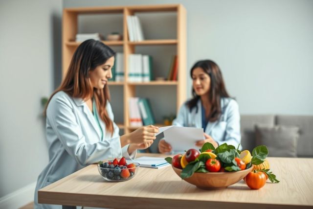 Two female doctors in white coats review patient documents at a table filled with fresh fruits and vegetables. The bright, modern office setting suggests a focus on nutrition and healthy living. A bowl of colorful produce including berries, tomatoes, and citrus fruits is prominently displayed. Represents healthcare, wellness, and dietary advice.