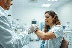 Healthcare professional in white coat taking a patient's pulse in a modern, sterile medical lab. Focus on patient care, diagnostics, and clinical setting with cool, neutral colors. Medical examination, doctor, patient, health.