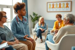Doctor discusses with a group of patients in a brightly lit room. Focus on healthcare, patient care, and communication. Features diverse individuals in a supportive setting.