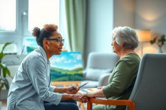 A healthcare professional comforts an elderly woman, providing support in a home setting. The scene emphasizes compassion, caregiving, and senior health. Soft lighting and warm colors create a comforting atmosphere.