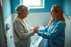 A healthcare worker comforts an elderly woman in a bathroom setting. The scene conveys caregiving, empathy, and support, possibly in a nursing home or assisted living facility. Blue walls and warm lighting create a calming environment.