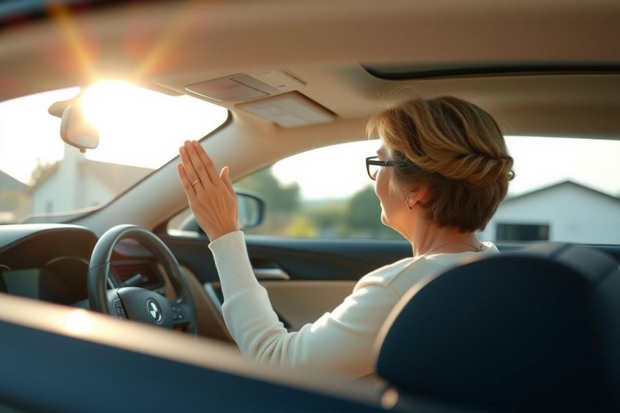 Woman driving a car, viewed from the side. She is wearing glasses and a white shirt. The scene features a suburban neighborhood and a bright, sunny day. Focus on driving, transportation, and lifestyle.