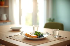 A close-up of a delicious breakfast served on a wooden table with a slice of salmon with blueberries, two glasses of water, and silverware. Bright natural light and a simple, modern aesthetic.