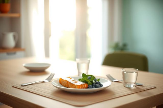 A close-up of a delicious breakfast served on a wooden table with a slice of salmon with blueberries, two glasses of water, and silverware. Bright natural light and a simple, modern aesthetic.