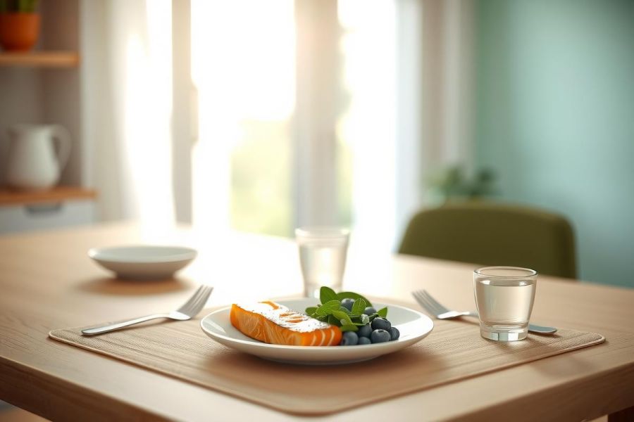 A close-up of a delicious breakfast served on a wooden table with a slice of salmon with blueberries, two glasses of water, and silverware. Bright natural light and a simple, modern aesthetic.