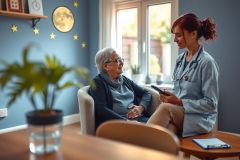 A healthcare professional visits an elderly woman at home. The scene features a comfortable living room setting with warm lighting, showcasing compassionate care and a focus on patient well-being.