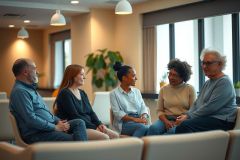 Diverse group of people casually seated on a comfortable sofa, engaged in conversation. Warm lighting and a modern interior create a welcoming atmosphere. Portrait of friends or colleagues.