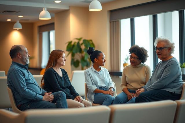 Diverse group of people casually seated on a comfortable sofa, engaged in conversation. Warm lighting and a modern interior create a welcoming atmosphere. Portrait of friends or colleagues.