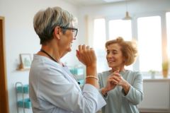 Two women chatting indoors, likely friends or family. Warm lighting and a comfortable living room setting. Focus on connection and conversation. Natural, candid moment.