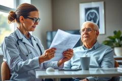 A doctor discusses medical results with a senior patient in a bright, modern office. The scene features a healthcare professional reviewing paperwork with an elderly man, emphasizing care and consultation.