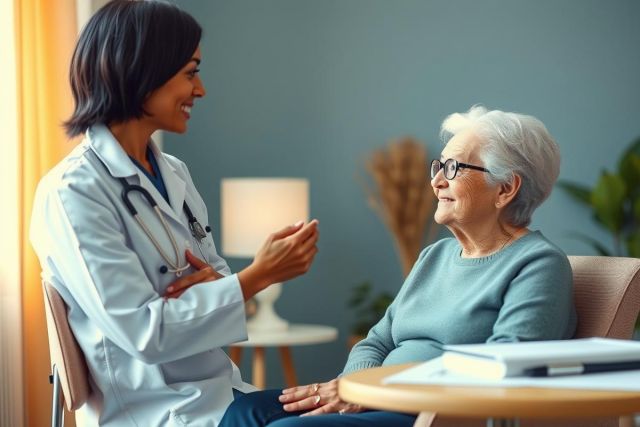 A doctor speaks with a senior patient in a comfortable home setting. Warm lighting and a friendly atmosphere emphasize compassionate healthcare. Focus on wellness and patient care.