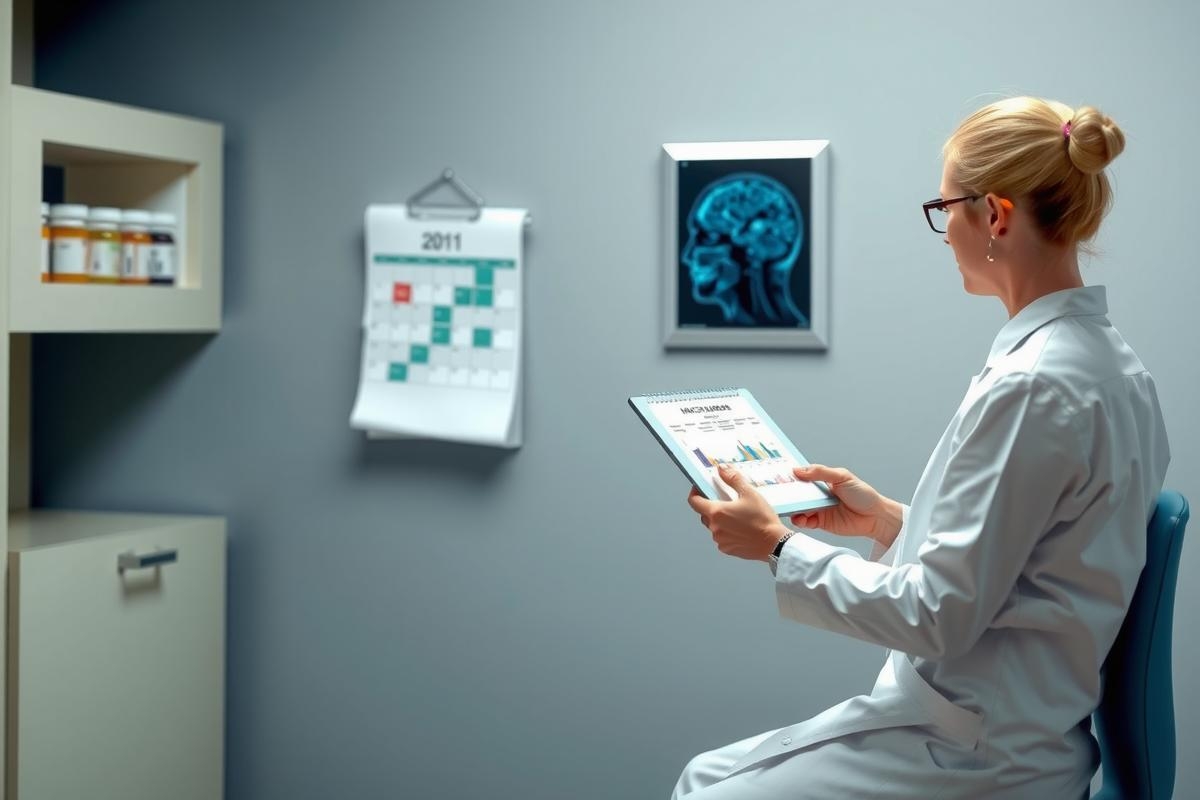 The image shows a person sitting at a desk, dressed in a white lab coat and wearing glasses. The individual appears to be examining a tablet or reading from a paper document. Behind the person are shelves filled with medical supplies and a calendar hanging on the wall.