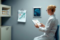 The image shows a person sitting at a desk, dressed in a white lab coat and wearing glasses. The individual appears to be examining a tablet or reading from a paper document. Behind the person are shelves filled with medical supplies and a calendar hanging on the wall.