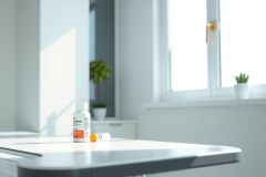Close-up of medicine on a white countertop. Featuring pills and a bottle, the scene conveys a healthcare or pharmacy context with a clean, modern aesthetic.