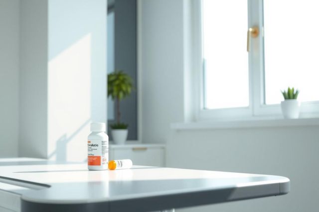 Close-up of medicine on a white countertop. Featuring pills and a bottle, the scene conveys a healthcare or pharmacy context with a clean, modern aesthetic.