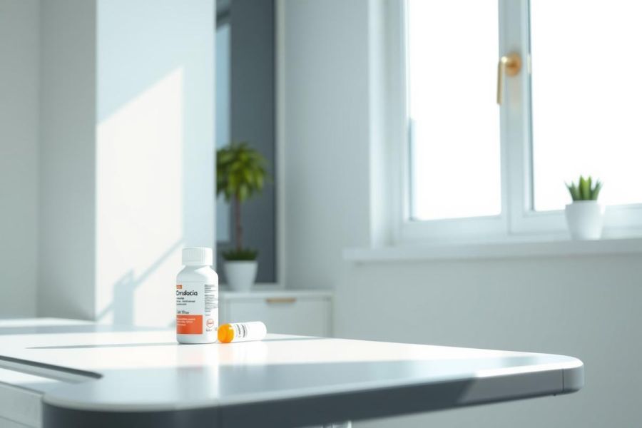 Close-up of medicine on a white countertop. Featuring pills and a bottle, the scene conveys a healthcare or pharmacy context with a clean, modern aesthetic.