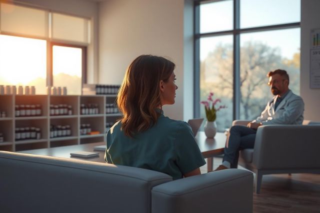 The image depicts an indoor setting where a professional conversation is taking place. Two individuals are seated opposite each other, engaged in a discussion that appears to be serious or formal in nature. The room has modern decor with natural light from windows illuminating the space, and there's a visible display of books or documents on the wall, suggesting a corporate or intellectual environment.