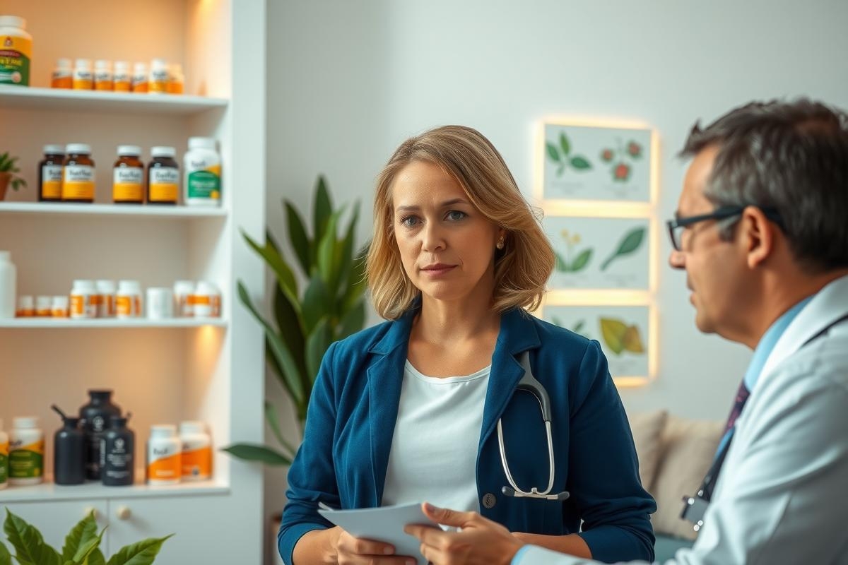 In the image, a professional medical setting is depicted where two doctors are engaged in a consultation. The female doctor, dressed in a blue jacket, is seated and holding a patient's file while attentively listening to her male colleague who stands opposite her, also wearing professional attire indicative of a doctor. They are surrounded by a clinical environment filled with medical equipment and pharmaceutical supplies, which includes shelves stocked with medicine bottles, suggesting that the scene is taking place in a well-equipped office or clinic.