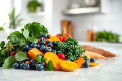 Healthy vibrant produce display: blueberries, kale, sweet potatoes, and spinach on a marble countertop. Fresh fruits and vegetables for a nutritious, plant-based diet. Kitchen setting, bright colors.