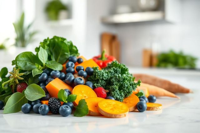 Healthy vibrant produce display: blueberries, kale, sweet potatoes, and spinach on a marble countertop. Fresh fruits and vegetables for a nutritious, plant-based diet. Kitchen setting, bright colors.