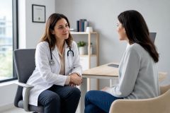 Doctor in white coat attentively consulting patient in a calm clinical office setting.