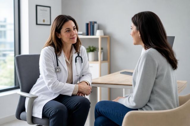 Doctor in white coat attentively consulting patient in a calm clinical office setting.