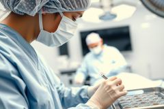Surgical team in an operating room. A surgeon in scrubs and mask examines a tray of surgical instruments. Focus on sterile environment and medical procedure.