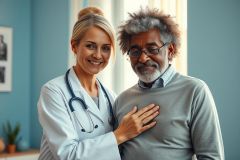 Healthcare professional, a smiling female doctor, comforts an elderly black man in a home setting. The image conveys care, compassion and medical assistance. Warm lighting and a blue background enhance the feeling of trust and well-being.