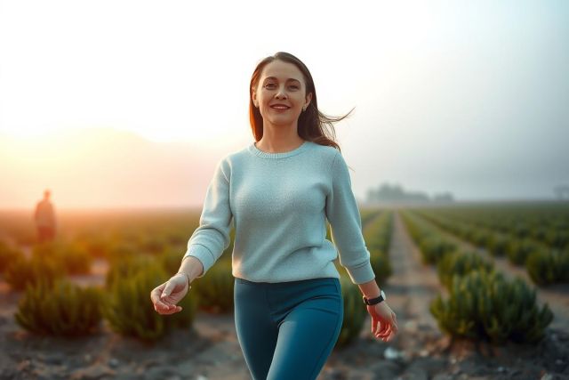 The image depicts a woman jogging during sunset. The environment appears to be an outdoor, rural setting with a field of crops in the background.