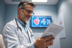 A male doctor in a white coat and glasses examines medical records in a modern clinic. A heart monitor display is visible in the background. The scene conveys healthcare, patient care, and medical examination within a professional setting.