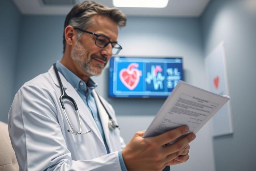 A male doctor in a white coat and glasses examines medical records in a modern clinic. A heart monitor display is visible in the background. The scene conveys healthcare, patient care, and medical examination within a professional setting.