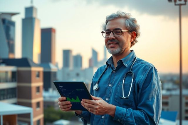A medical professional, possibly a doctor or nurse, stands outdoors during what appears to be sunset. The individual is holding a tablet computer in hand and wearing glasses. In the background, there are city buildings, suggesting an urban setting.