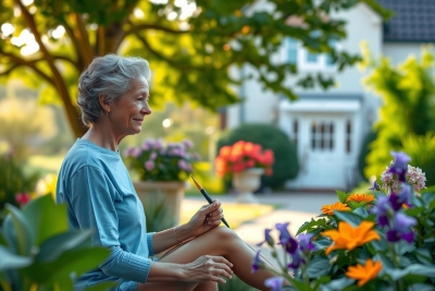 The image portrays an older woman enjoying a peaceful moment in her garden. She is seated comfortably on the ground, surrounded by colorful flowers that add vibrancy to the scene. The environment suggests a warm and pleasant atmosphere, possibly during spring or summer. The focus of the image is on the tranquility and contentment captured as she sits, perhaps taking time for self-reflection or simply appreciating her garden.