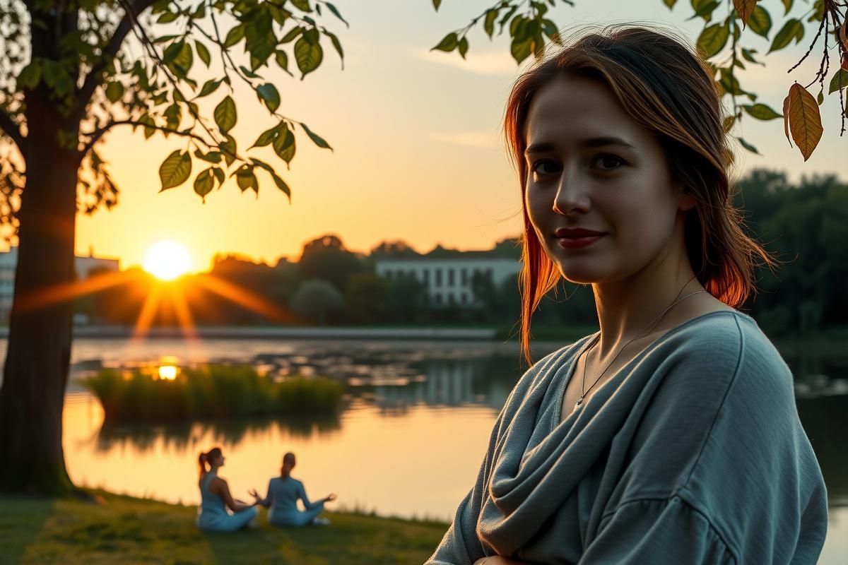 The image captures a serene sunset scene at a park. A woman with red hair is standing in the foreground, posing for the photo. Behind her, there are two people seated on a bench, watching the sunset.