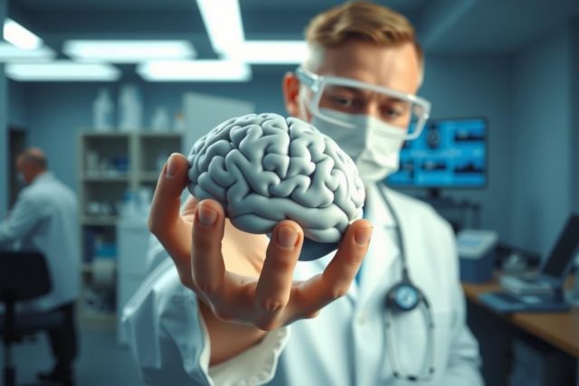 Scientist in lab coat holds a 3D model of a human brain. Research, medical science, neuroscience, and anatomy themes are represented. Blue and white color scheme, lab environment.