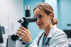 Scientist in a lab looking through a microscope. The woman in a white coat is examining samples in a modern, blue-toned research environment. Focus on medical research, science, and laboratory work.