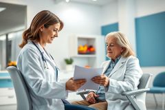 Doctor and senior patient reviewing medical documents in a bright, modern clinic. The image depicts a healthcare consultation, showcasing a white-coated doctor discussing results with an older woman. Warm lighting and a clean, professional environment emphasize trust and care. Keywords: doctor, patient, healthcare, clinic, consultation, senior, medical.