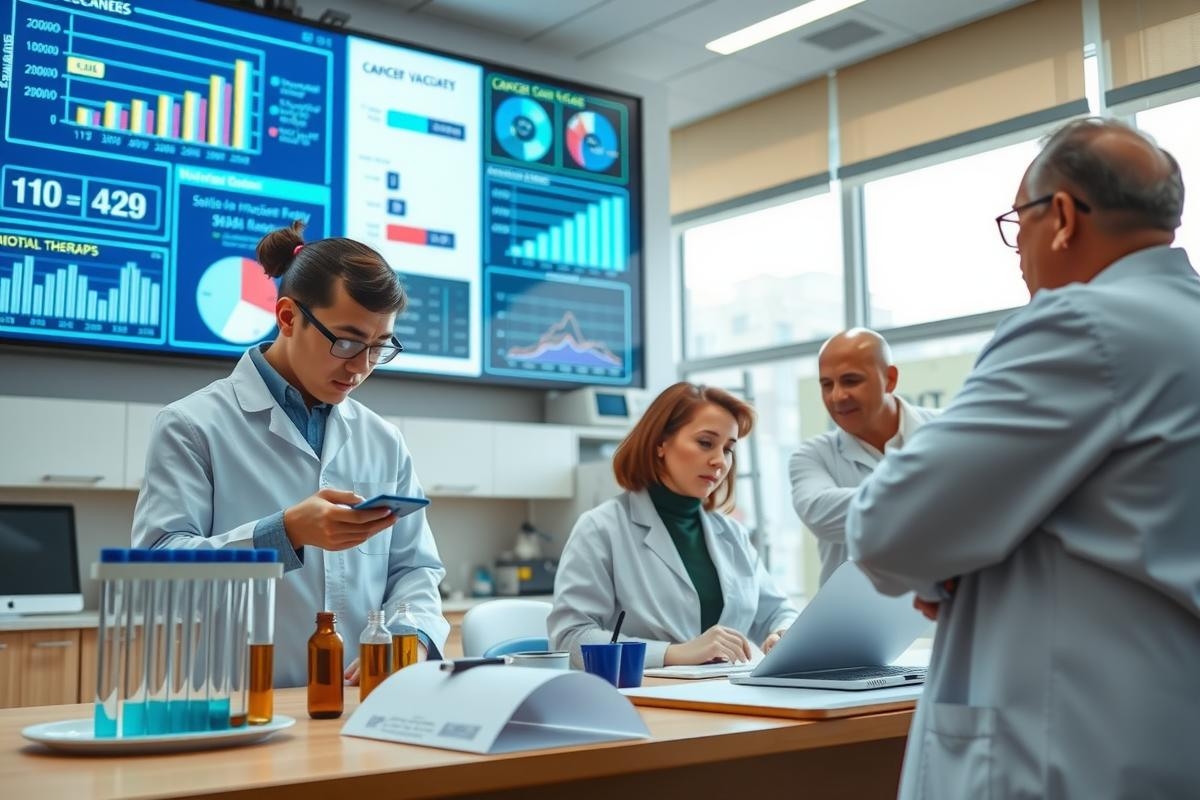The image depicts a group of scientists or medical professionals in a laboratory. They are engaged in what appears to be a discussion or presentation, with some individuals focused on a large screen displaying various charts and graphs. The setting suggests a modern scientific environment with advanced equipment and data visualization tools.