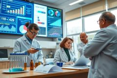 The image depicts a group of scientists or medical professionals in a laboratory. They are engaged in what appears to be a discussion or presentation, with some individuals focused on a large screen displaying various charts and graphs. The setting suggests a modern scientific environment with advanced equipment and data visualization tools.