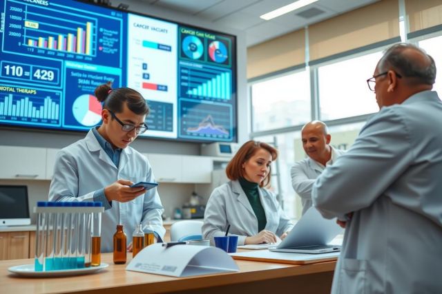 The image depicts a group of scientists or medical professionals in a laboratory. They are engaged in what appears to be a discussion or presentation, with some individuals focused on a large screen displaying various charts and graphs. The setting suggests a modern scientific environment with advanced equipment and data visualization tools.