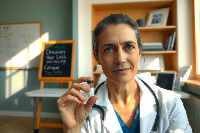 The image features a woman, presumably a doctor based on her attire and surroundings. She is seated at a desk with a chalkboard behind her, suggesting an educational or professional setting.